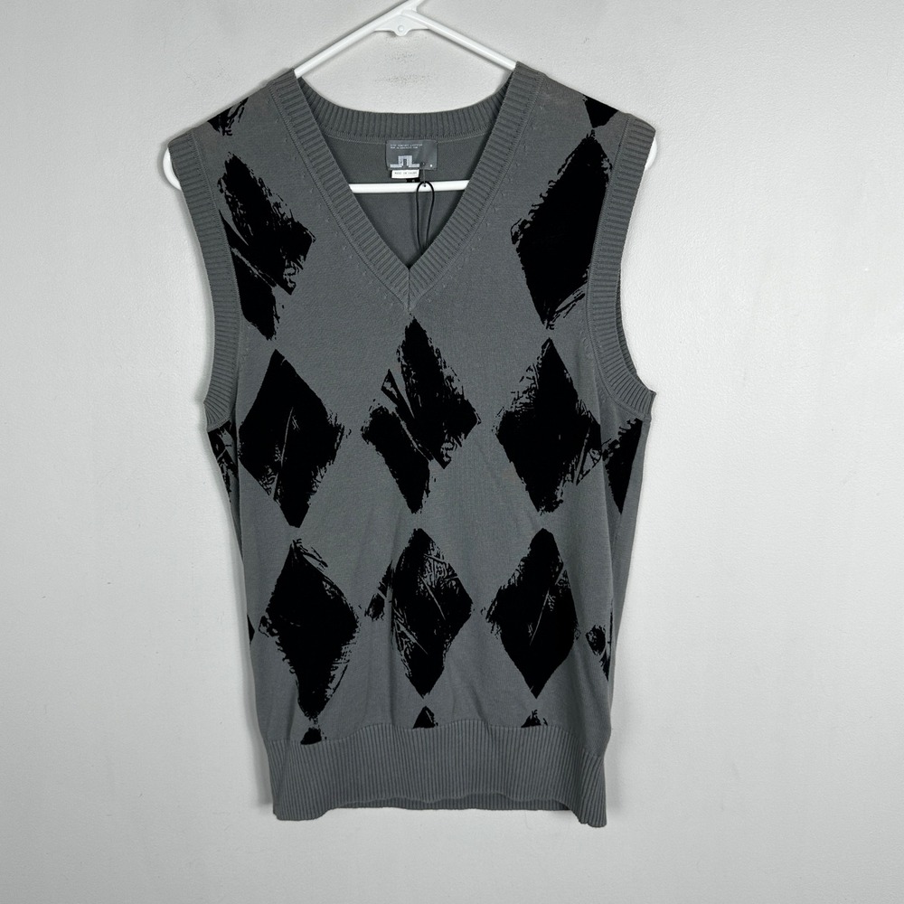 J Lindeberg Plaid Argyle Sweater Vest Grey Black Knit Mens Medium NEW NWT Golf